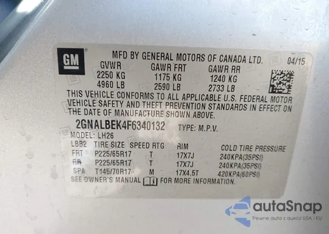 2015 Chevrolet Equinox 1Lt from USA, damaged, VIN 2GNALBEK4F6340132
